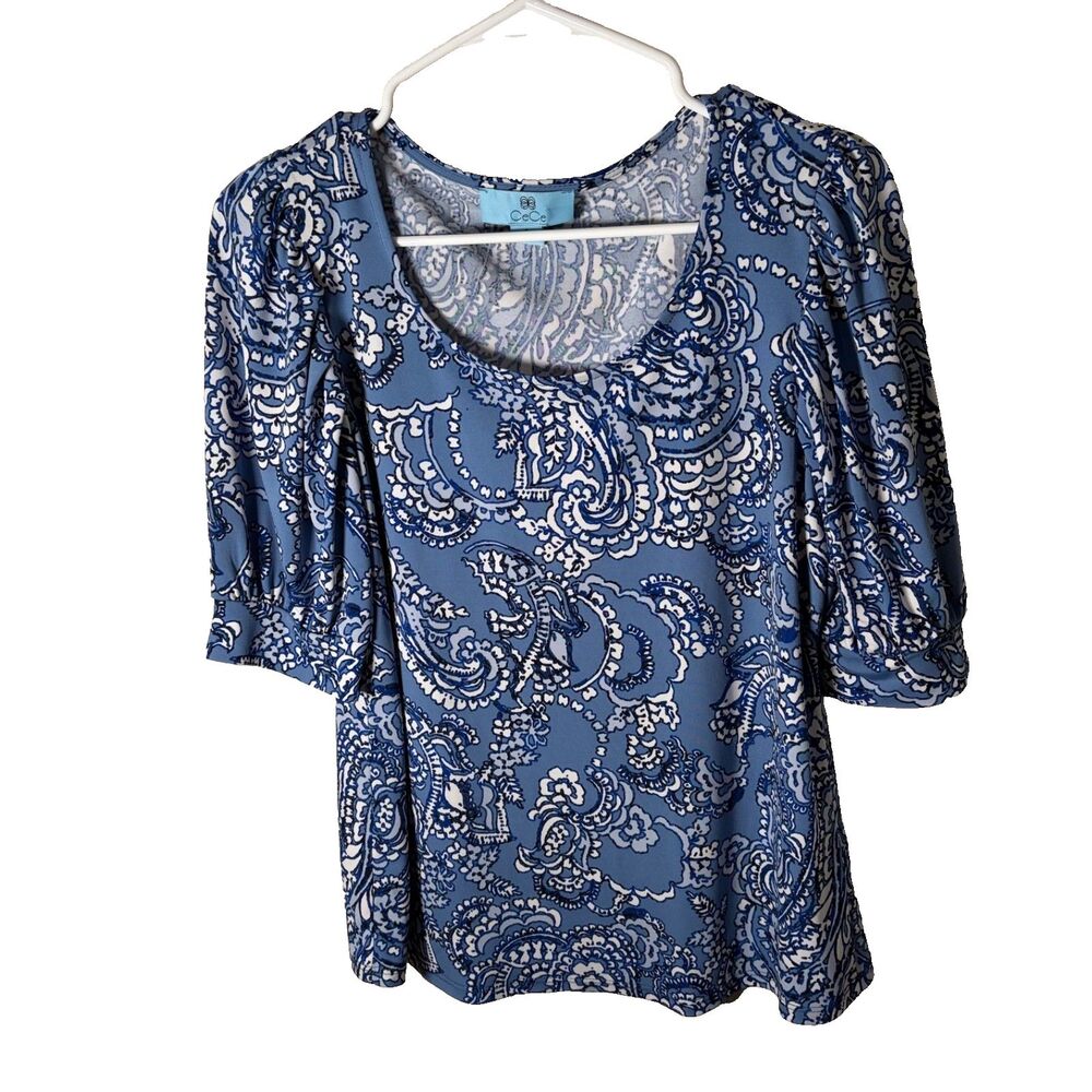 Cece Blouse Women's Small Blue Round Neck Short Sleeve Career Shirt Top